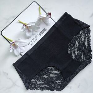 NWT PINK VICTORIA'S SECRET SEAMLESS LACE BACK HIPHUGGER PANTY IN PURE BLACK SMAL